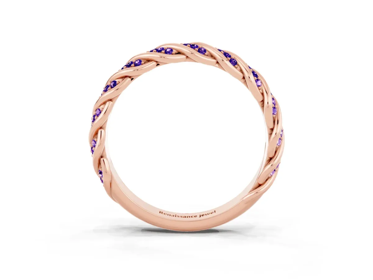 Twisted Pavé Round Tanzanite Eternity Band with Shared Prong Setting Rose gold