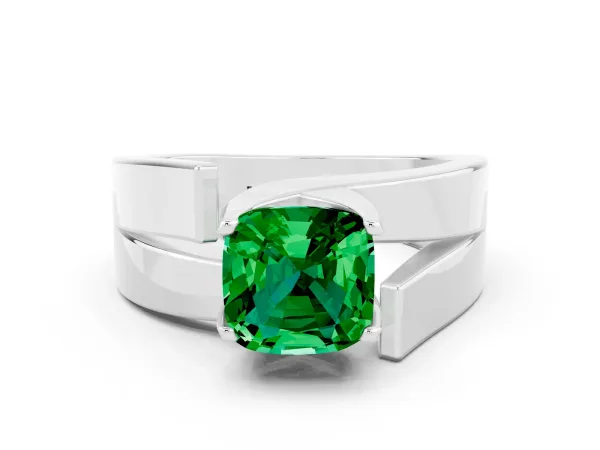 Modern Tension Set Cushion Cut Emerald Solitaire Wide Band Ring Silver