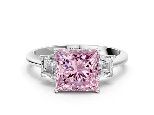 Fancy Pink Princess Cut Diamond Three-Stone Ring with Trapezoid Side Stones and Prong Setting Platinum