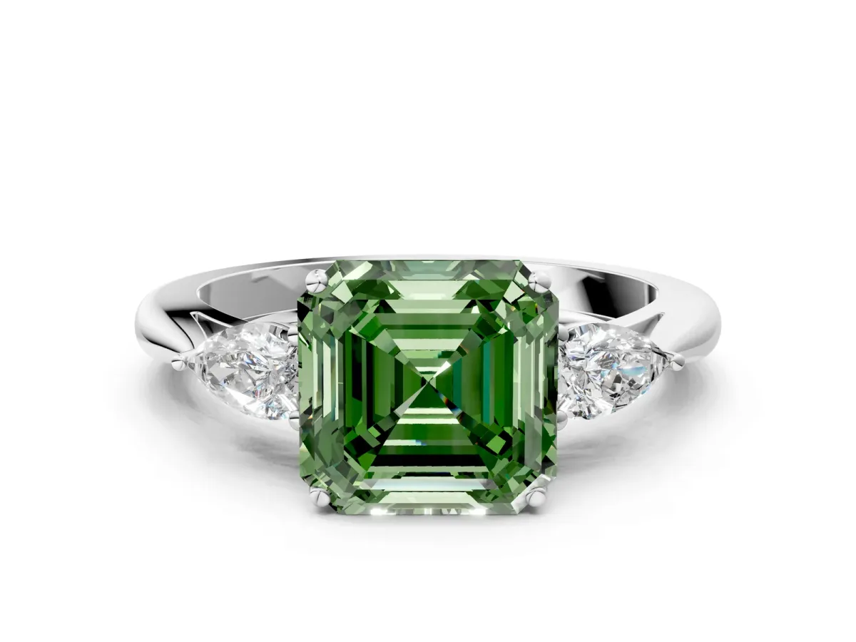 Fancy Green Three-Stone Asscher Cut Diamond Ring with Pear Side Stones in Four-Prong Setting Silver