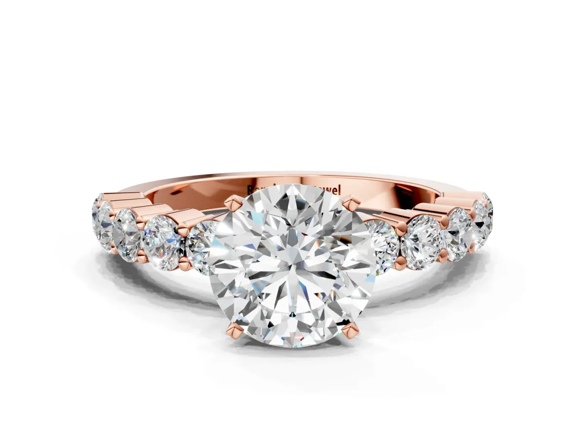 Round Cut Diamond Solitaire Ring with Shared Prong Round Side Stones Rose gold