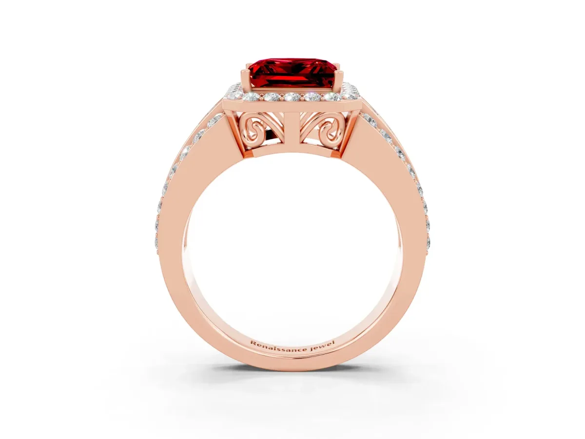 Princess Cut Halo Ruby Ring with Round Split Shank and Prong Setting Rose gold