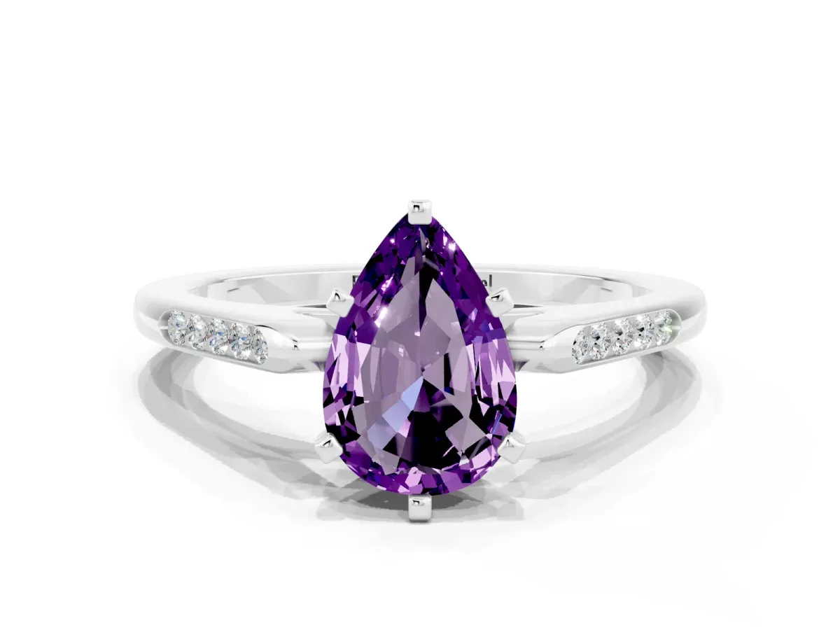 Pear Cut Amethyst Solitaire Ring with Channel Set Round Band and Prong Setting Silver