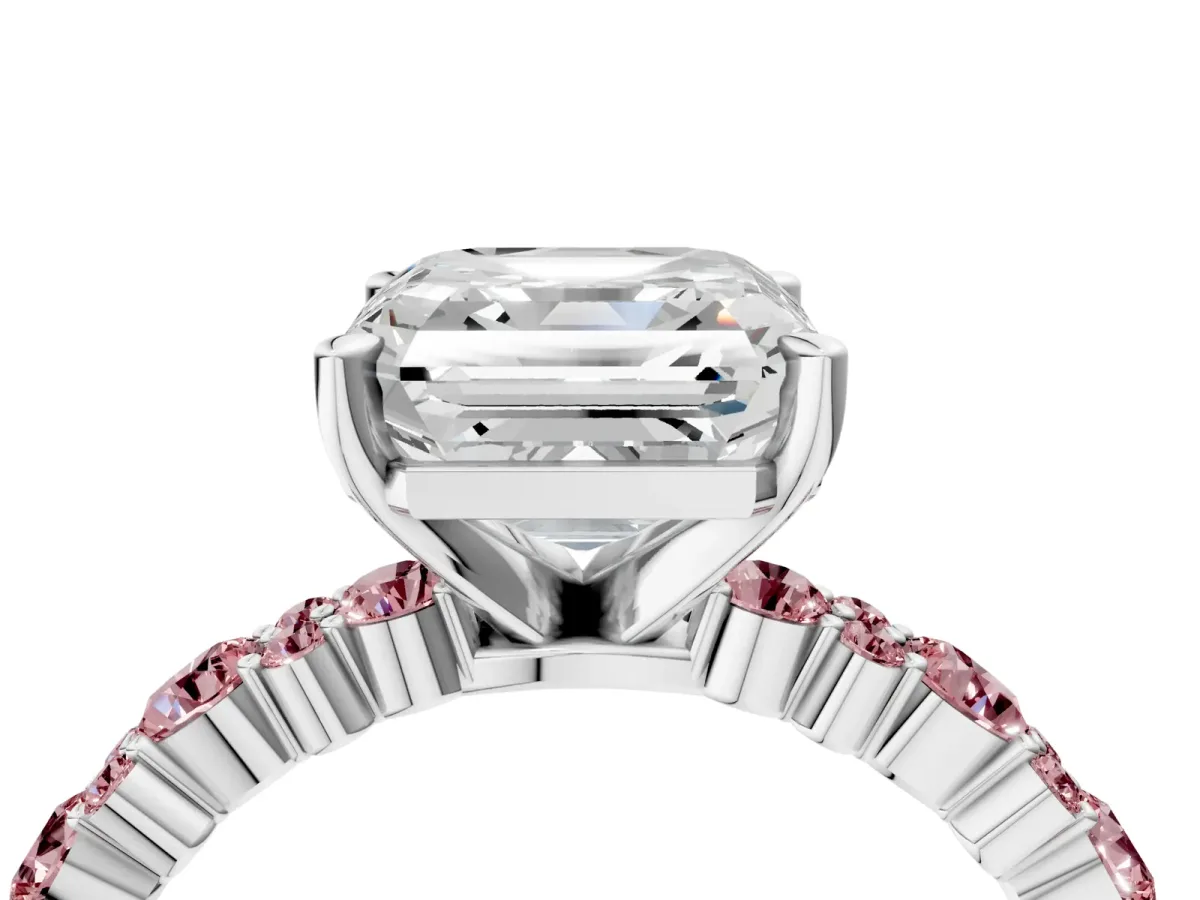 Asscher Cut Diamond Side Stone Solitaire Ring with Round Morganite and Four-Prong Setting Platinum