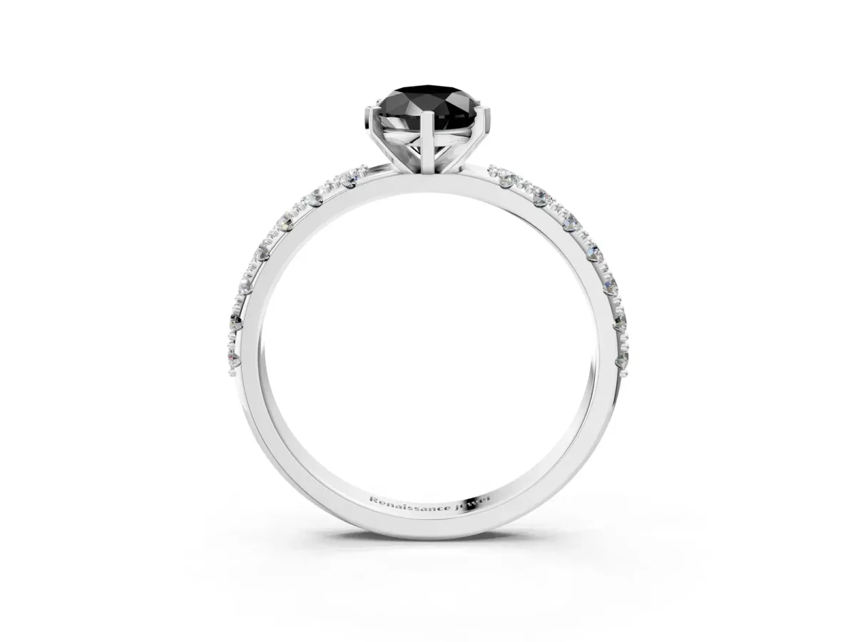 Fancy Black Pear Cut Diamond Solitaire Pavé Band with Four-Prong Setting Silver