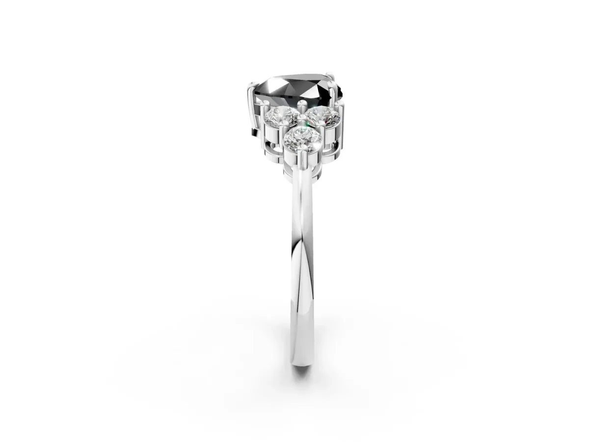 Fancy Black Heart Cut Brilliant Diamond Cluster Accent Solitaire Ring with Prong Setting Platinum