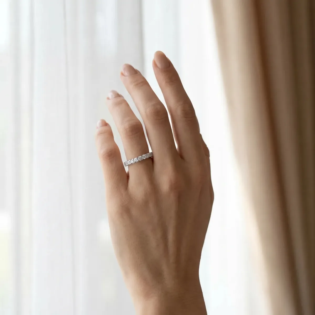 Round Diamond Pavé Curved Wedding Band Silver