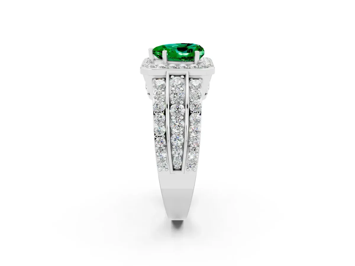 Heart Cut Halo Emerald Ring with Round Split Shank and Prong Setting Platinum