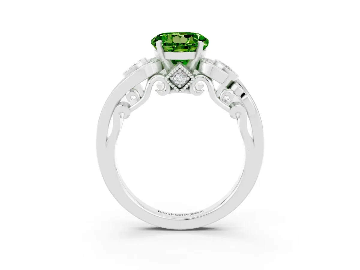 Round Cut Peridot Solitaire Ring with Milgrain Pavé Band and Four-Prong Setting Silver