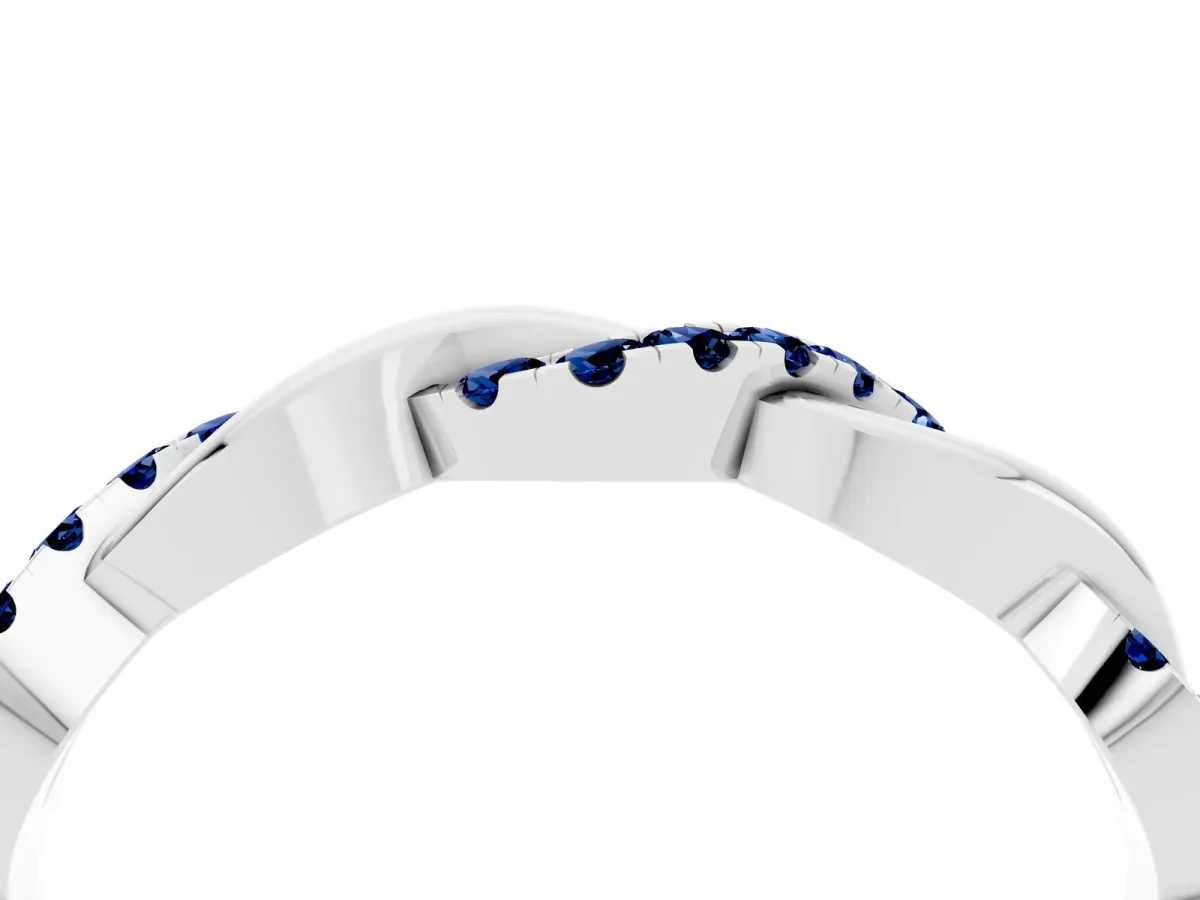 Pavé Round Blue Sapphire Twist Eternity Band with Shared Prong Setting White gold