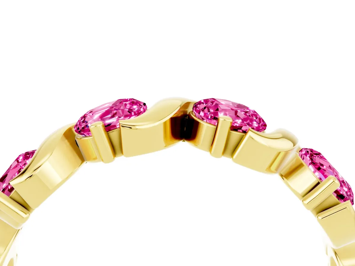 Six-Stone Round Pink Sapphire Wave Band with Shared Prong Setting Yellow gold