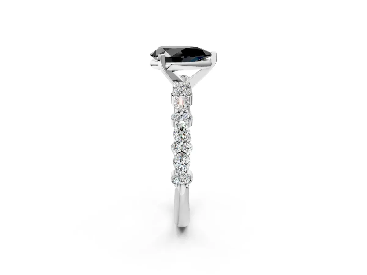 Fancy Black Pear Cut Diamond Side Stone Solitaire Ring with Round and Four-Prong Setting Silver