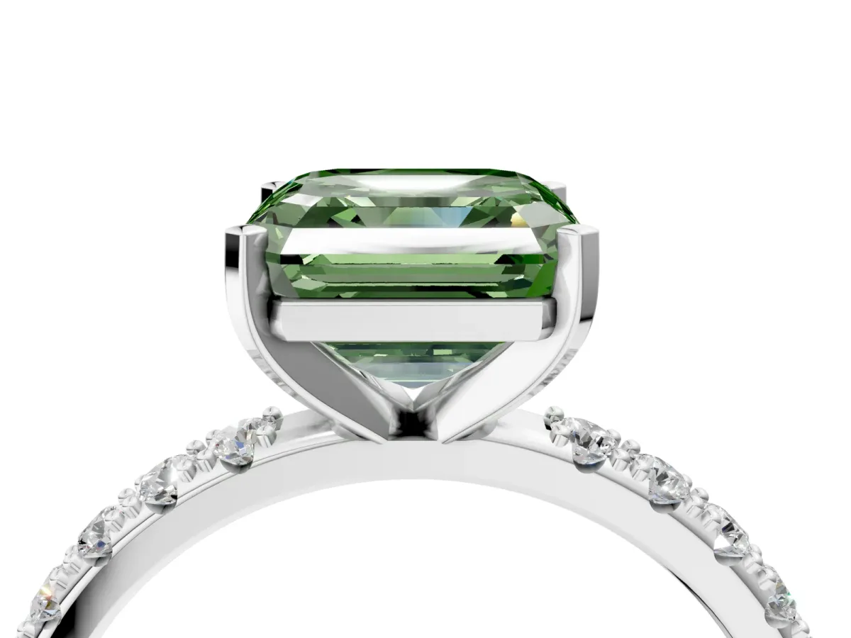 Fancy Green Asscher Cut Diamond Solitaire Pavé Band with Four-Prong Setting Silver
