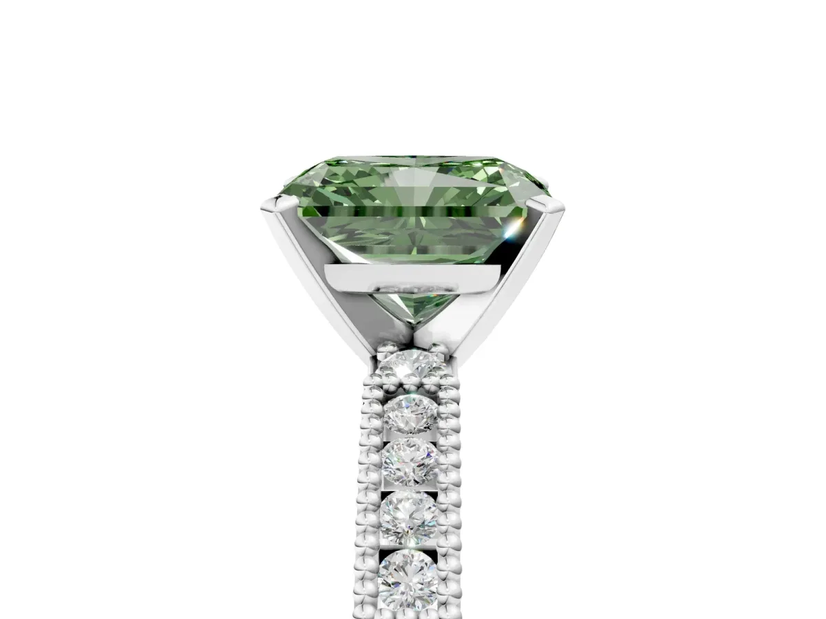 Fancy Green Radiant Cut Solitaire with Pavé Band and Four-Prong Setting Silver