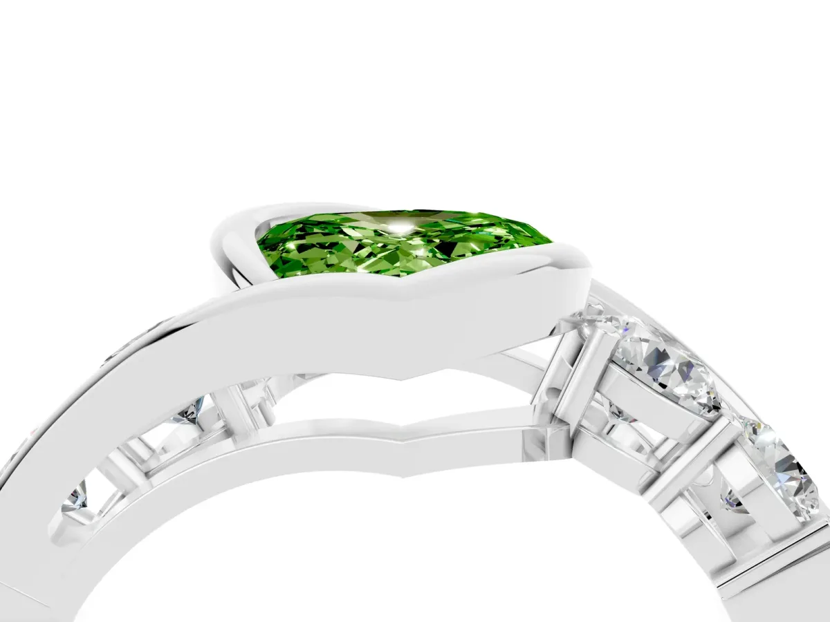 Bezel Set Heart Cut Peridot Bypass Ring with Round Accents Silver