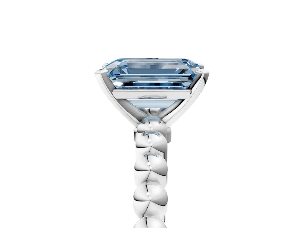 Fancy Blue Emerald Cut Diamond Solitaire Ring with Beaded Band and Prong Setting Silver