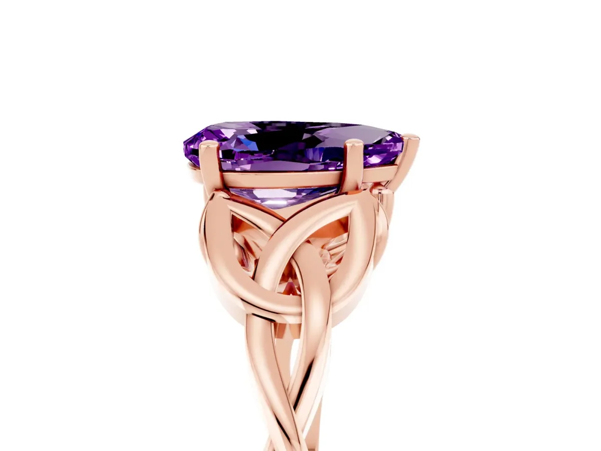 Pear Cut Amethyst Solitaire Celtic Knot Ring with Four-Prong Setting Rose gold