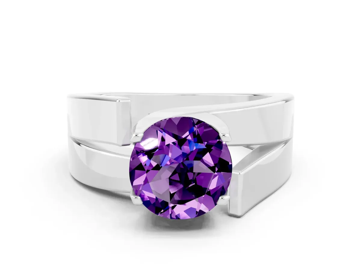 Modern Tension Set Round Cut Amethyst Solitaire Wide Band Ring Silver