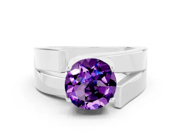 Modern Tension Set Round Cut Amethyst Solitaire Wide Band Ring Platinum