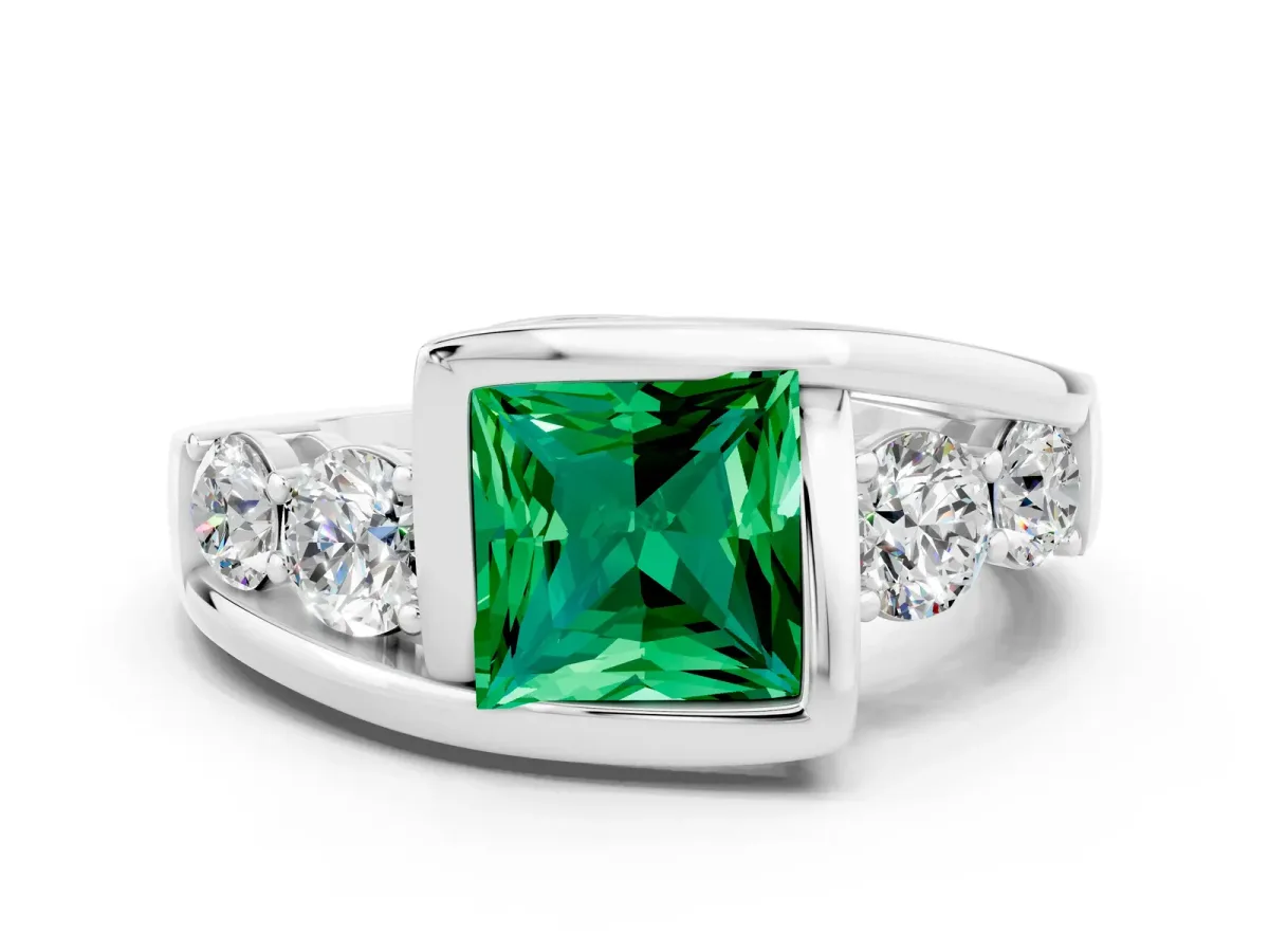 Bezel Set Princess Cut Emerald Bypass Ring with Round Accents Platinum