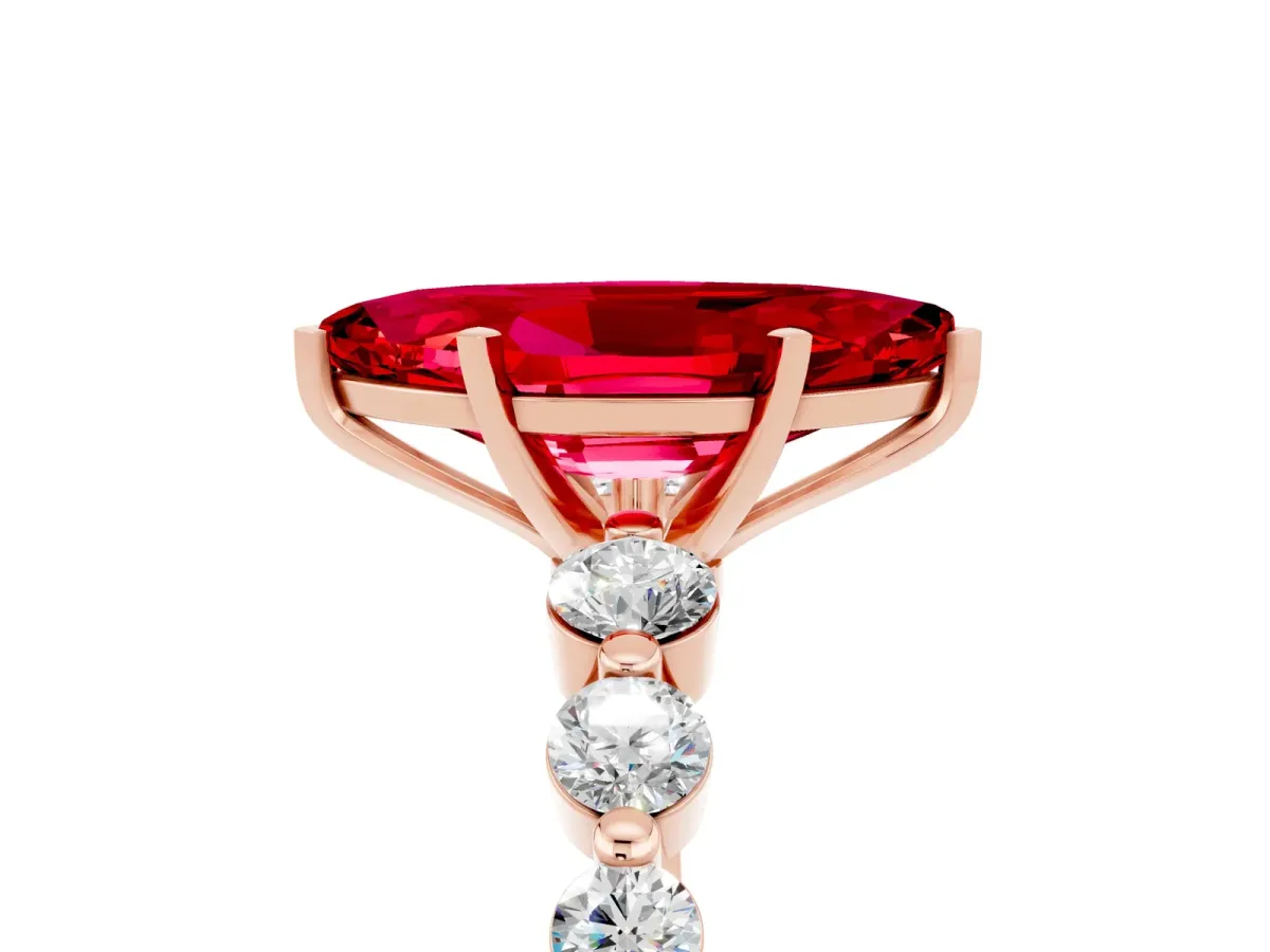 Marquise Cut Solitaire Ruby Ring with Pave Band and Four-Prong Setting Rose gold