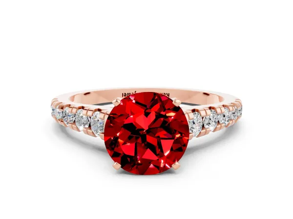 Round Cut Ruby Cathedral Solitaire Ring with Round Pavé Band Rose gold