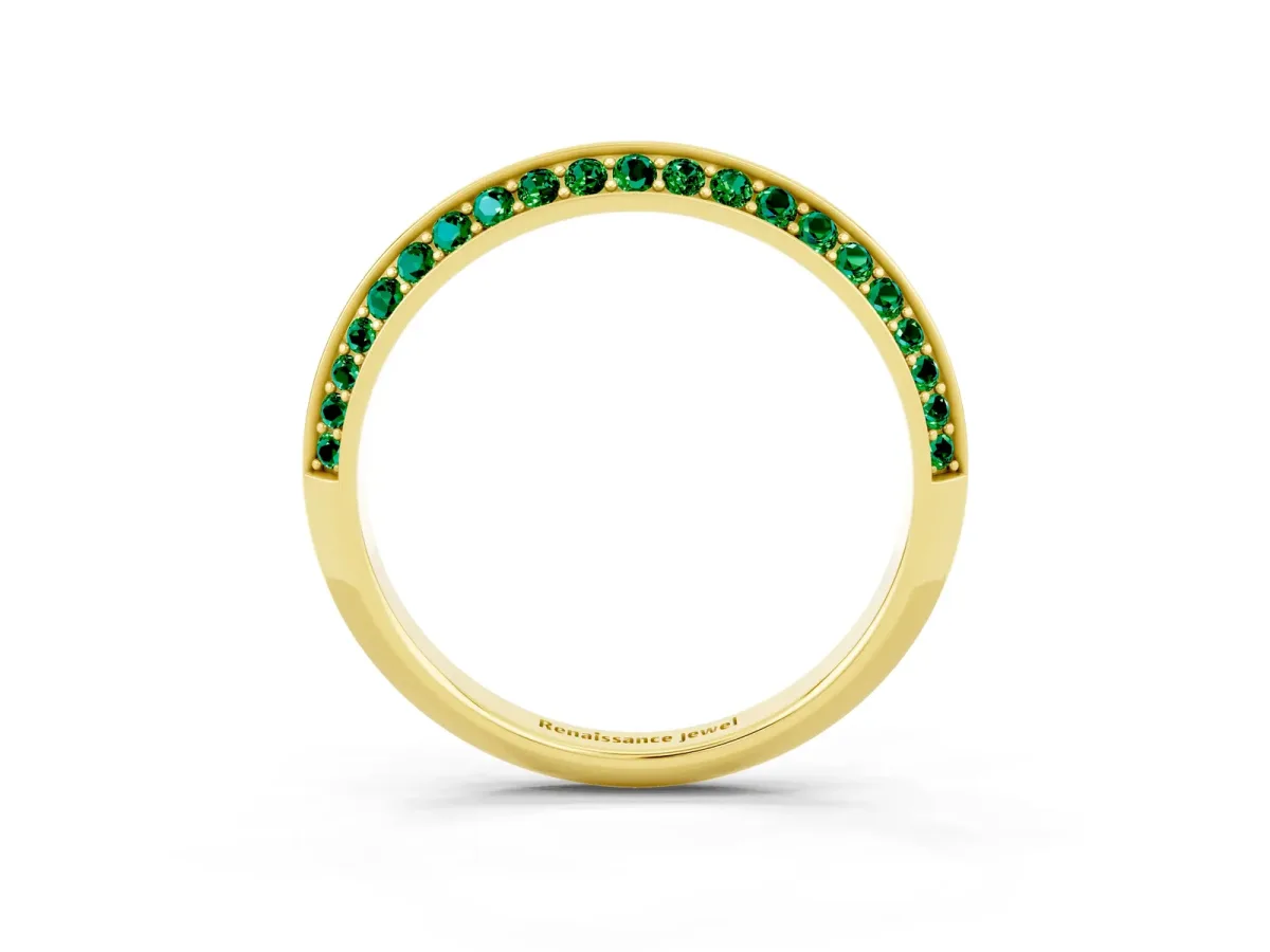 Double Row Pavé Round Emerald Eternity Band with Channel Setting Yellow gold