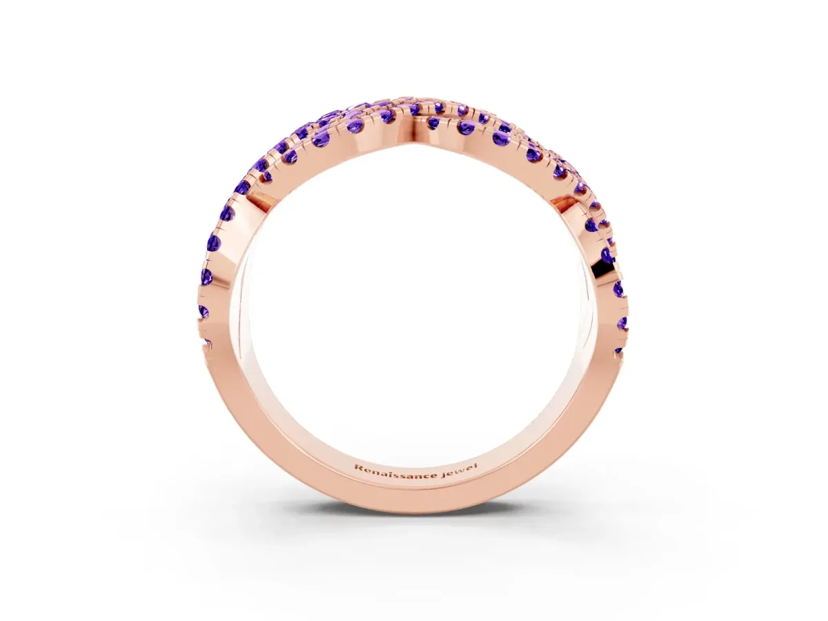 Pavé Round Tanzanite Infinity Twist Band with Shared Prong Setting Rose gold