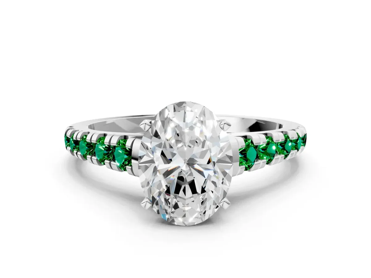 Oval Cut Diamond Cathedral Solitaire Ring with Round Emerald Pavé Band Platinum