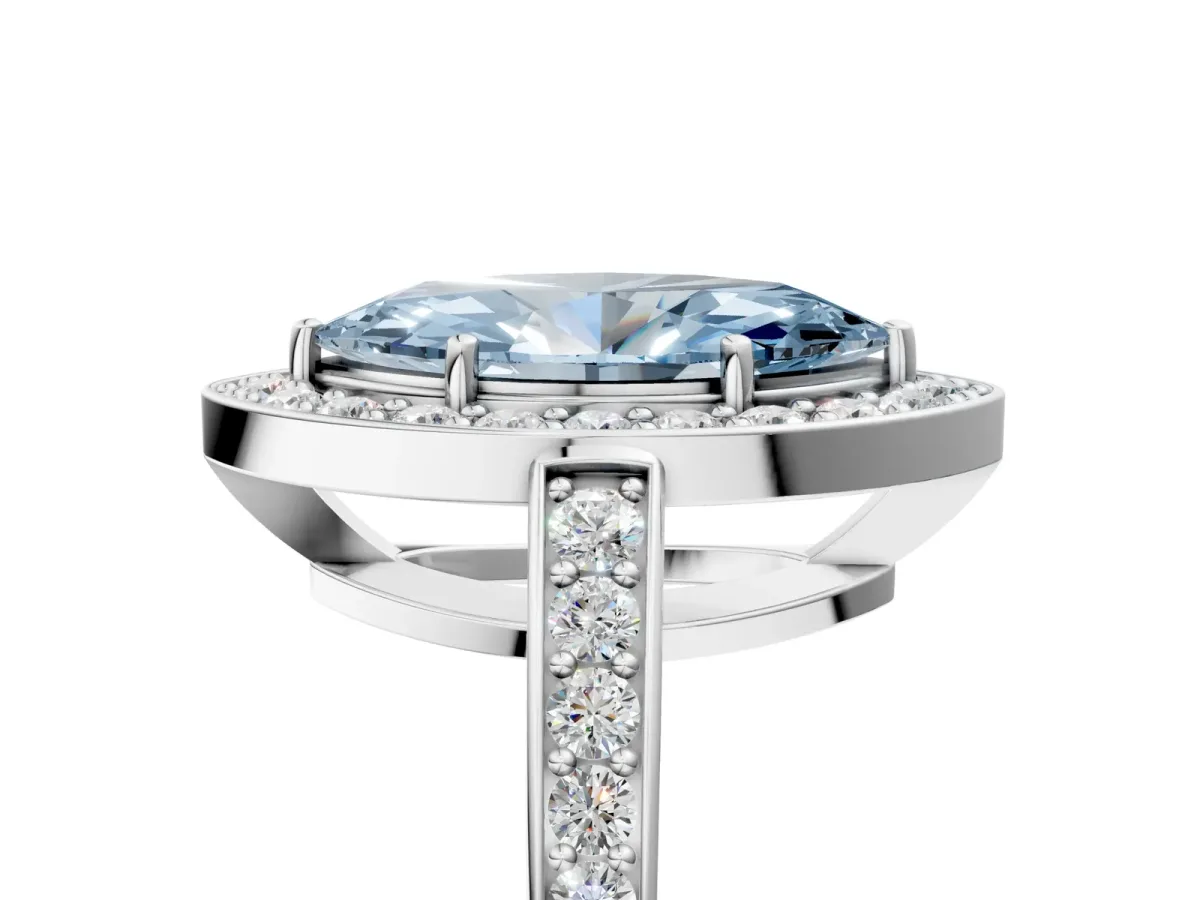 Fancy Blue Marquise Cut Halo Pavé Diamond Engagement Ring with Bezel Setting Silver