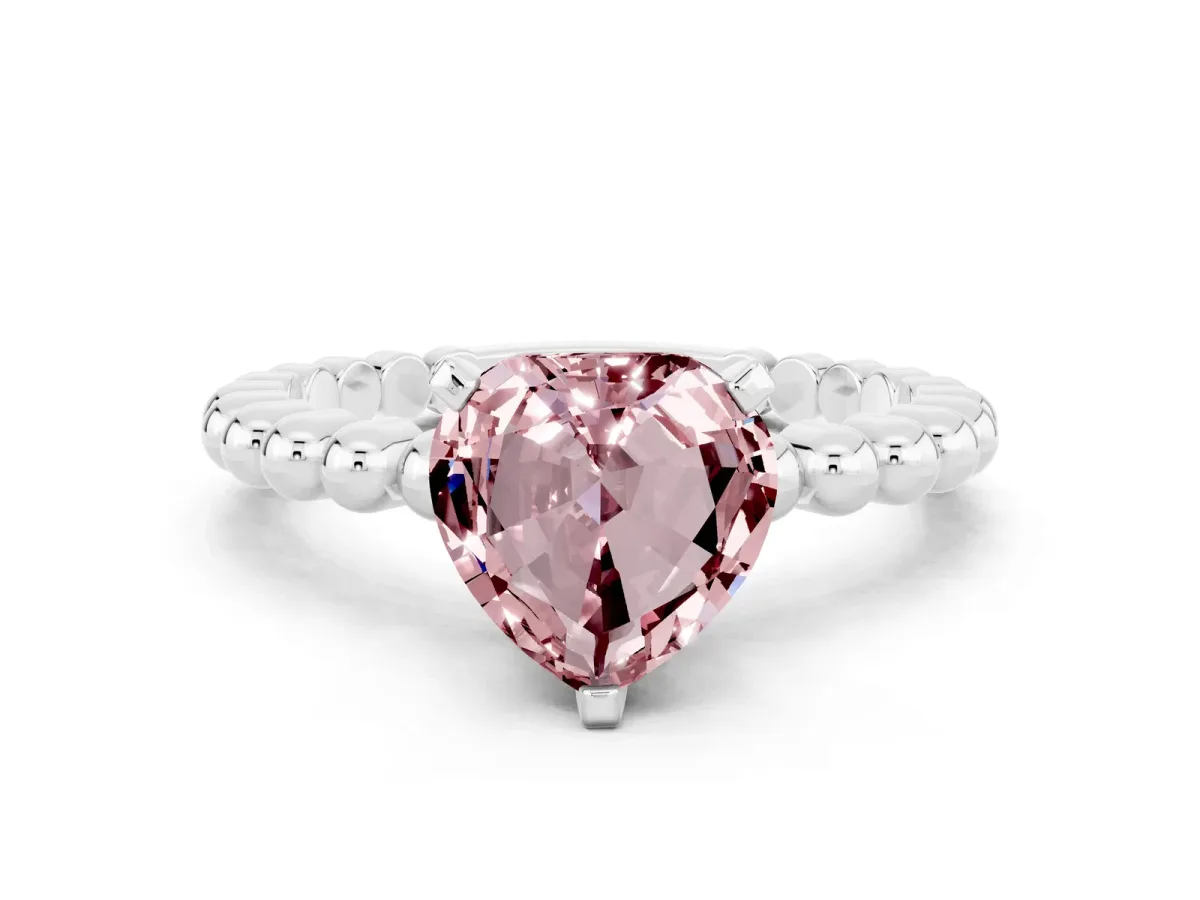 Heart Cut Morganite Solitaire Ring with Beaded Band and Prong Setting Silver