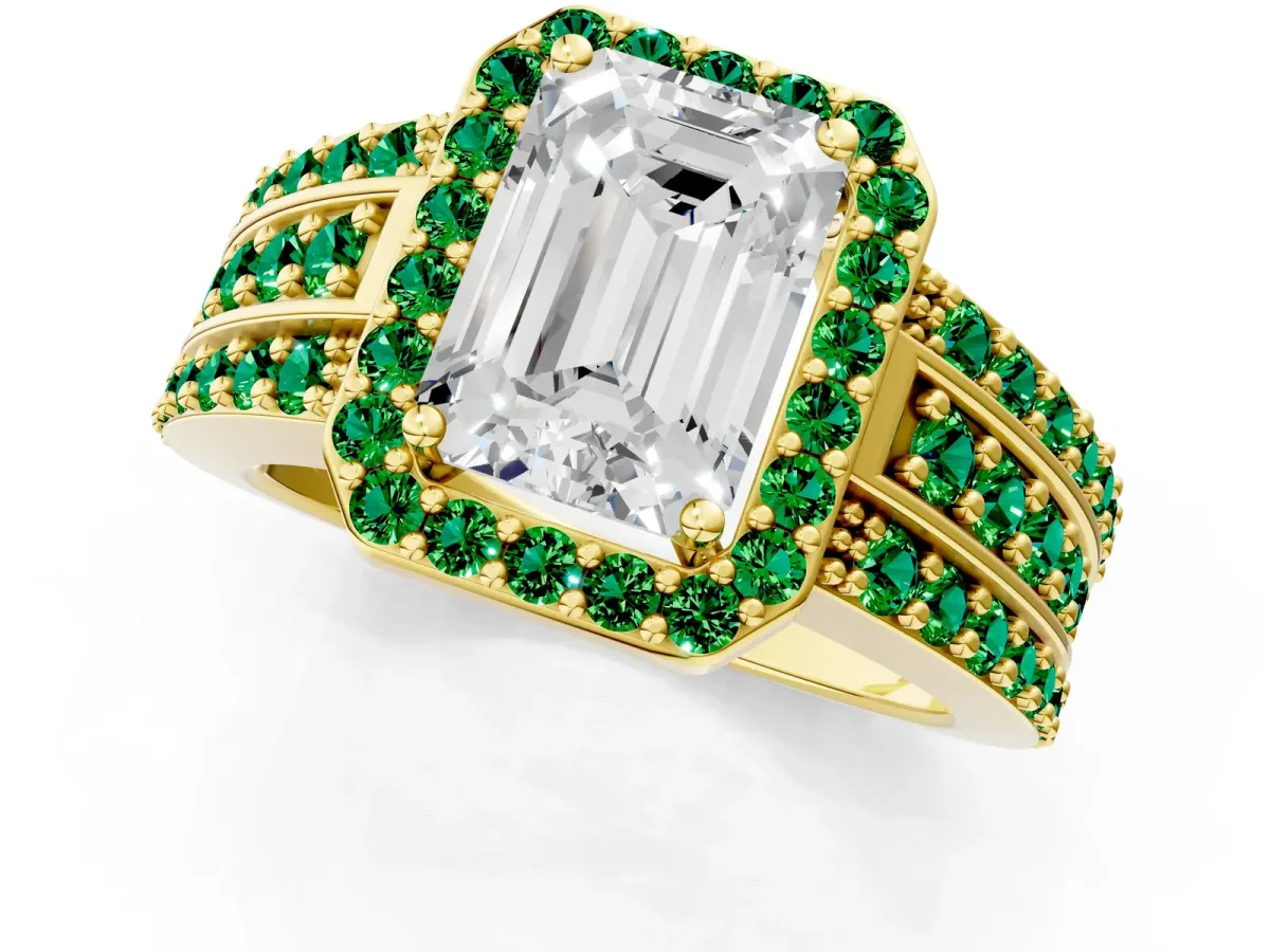 Emerald Cut Halo Diamond Ring with Round Emerald Split Shank and Prong Setting Yellow gold