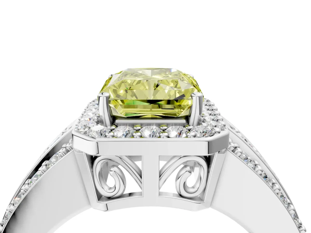 Fancy Yellow Radiant Cut Halo Diamond Ring with Round Split Shank and Prong Setting Silver