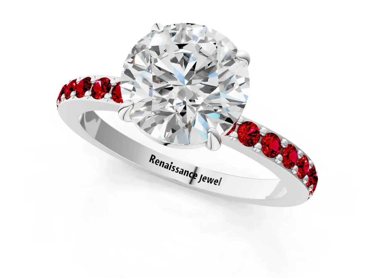 Round Cut Diamond Pavé Engagement Ring with Round Ruby Accents and Prong Setting Silver
