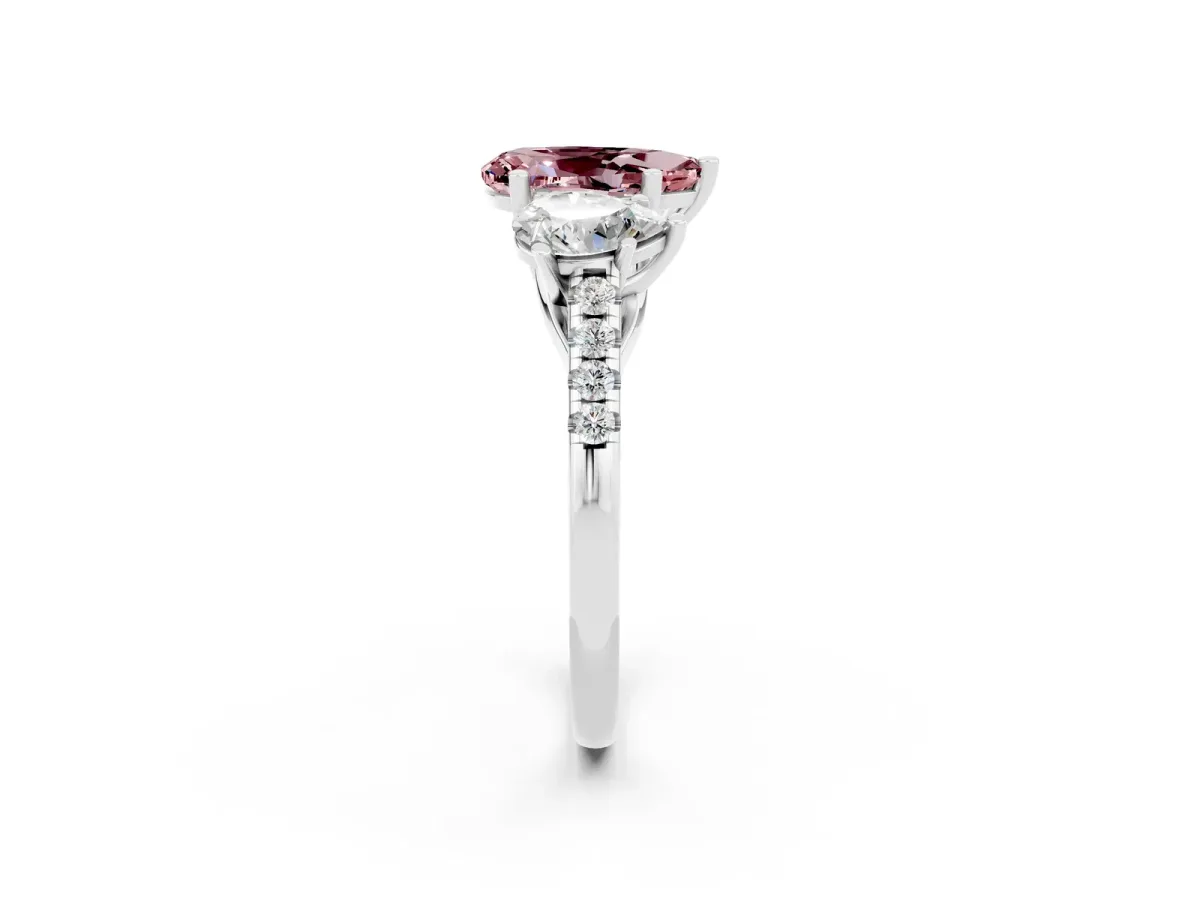 Three-Stone Pear Cut Morganite Ring with Round Pavé Band and Prong Setting Silver