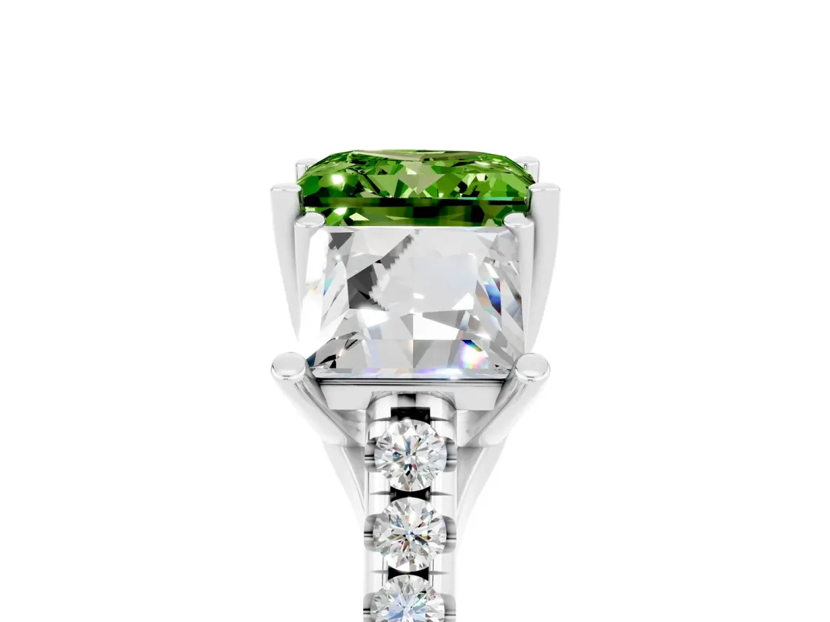 Three-Stone Princess Cut Peridot Ring with Round Pavé Band and Prong Setting Platinum