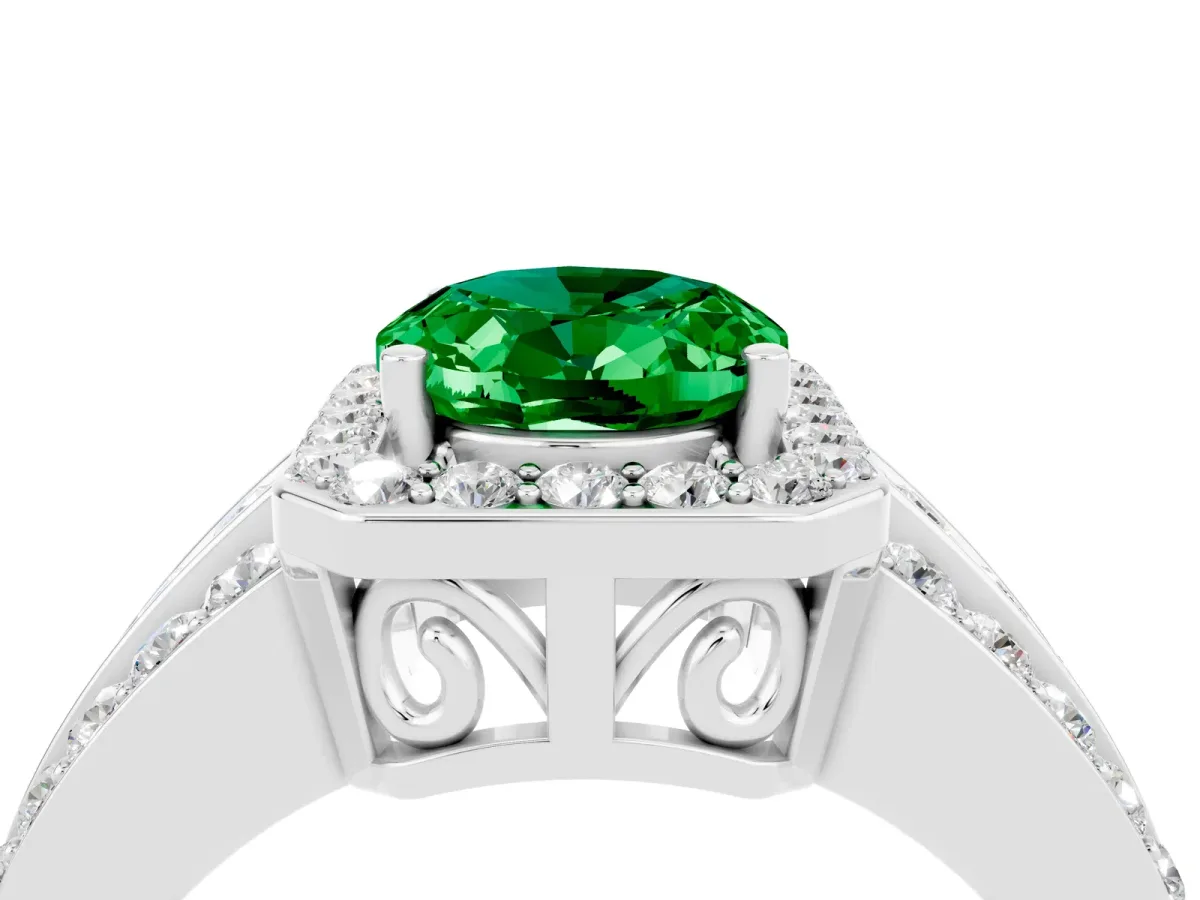 Oval Cut Halo Emerald Ring with Round Split Shank and Prong Setting Silver