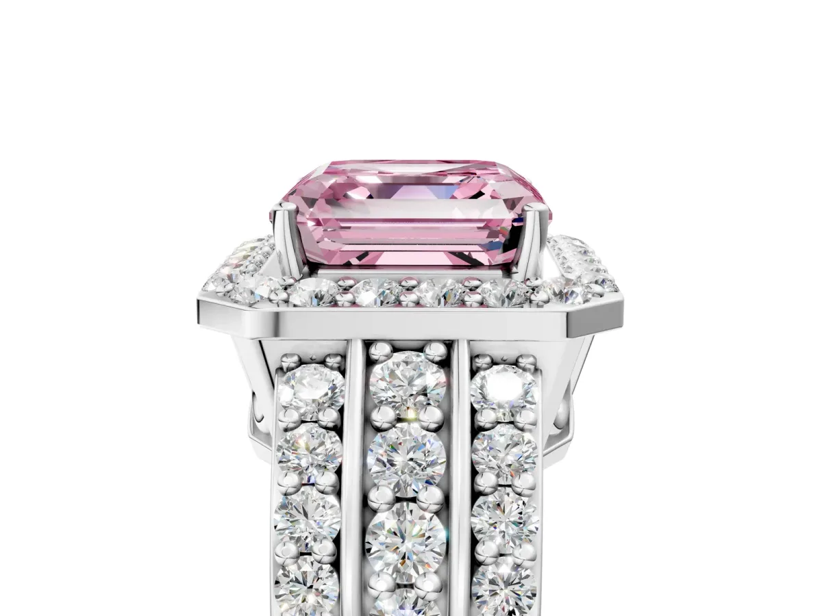 Fancy Pink Asscher Cut Halo Diamond Ring with Round Split Shank and Prong Setting Silver