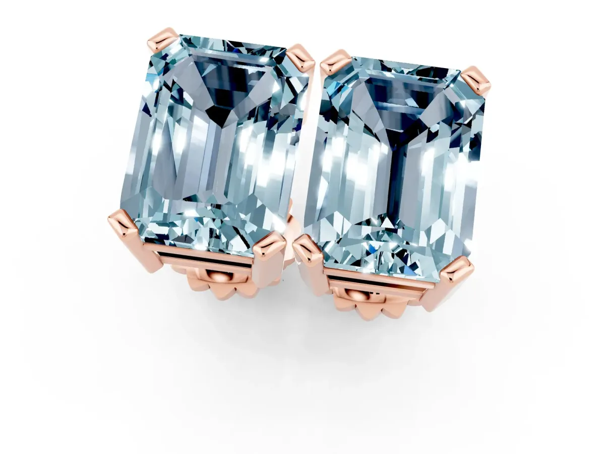 Emerald Cut Aquamarine Stud Earrings Rose gold