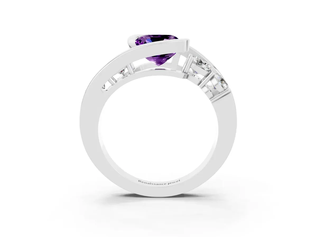 Bezel Set Cushion Cut Amethyst Bypass Ring with Round Accents Platinum
