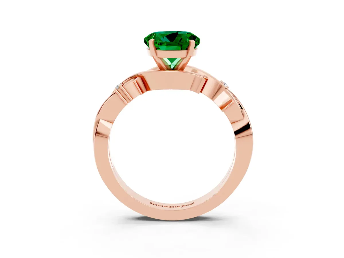 Round Cut Emerald Solitaire Ring with Twisted Band and Prong Setting Rose gold