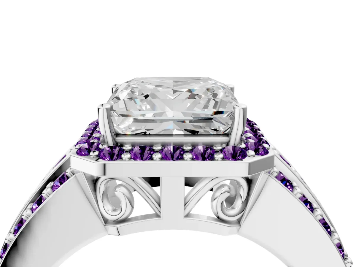 Princess Cut Halo Diamond Ring with Round Amethyst Split Shank and Prong Setting Silver