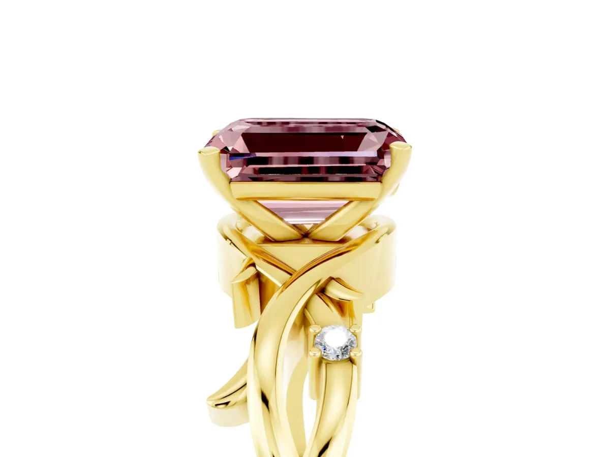 Emerald Cut Morganite Solitaire Ring with Twisted Band and Prong Setting Yellow gold