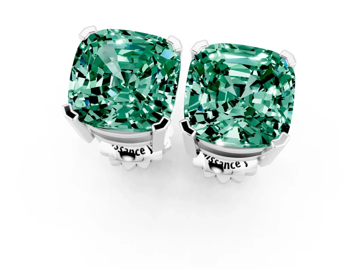 Cushion Cut Green Sapphire Stud Earrings Platinum