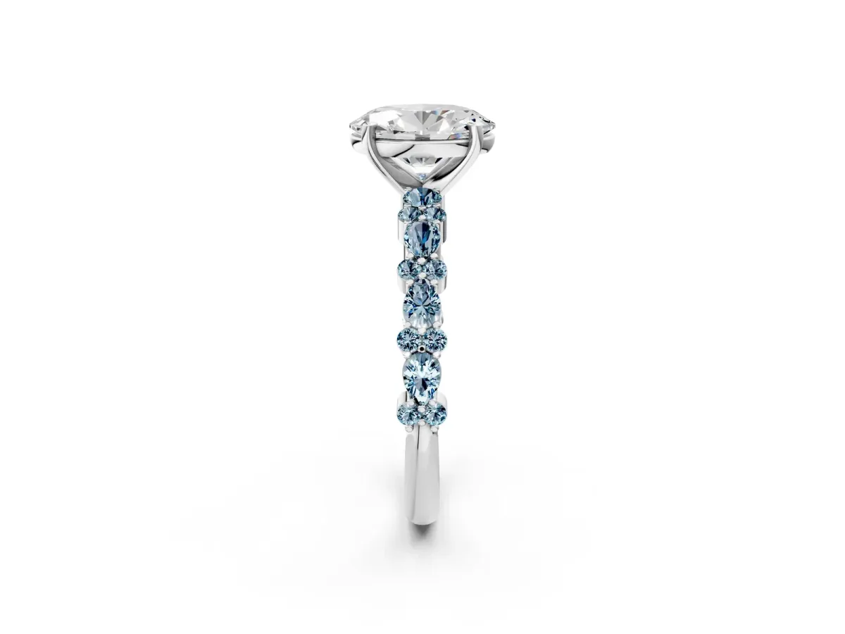 Oval Cut Diamond Side Stone Solitaire Ring with Round Aquamarine and Four-Prong Setting Silver