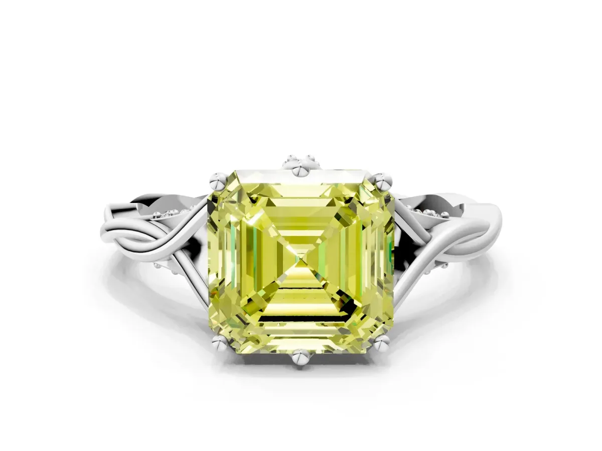 Fancy Yellow Asscher Cut Solitaire Twist Band Six-Prong Setting Platinum
