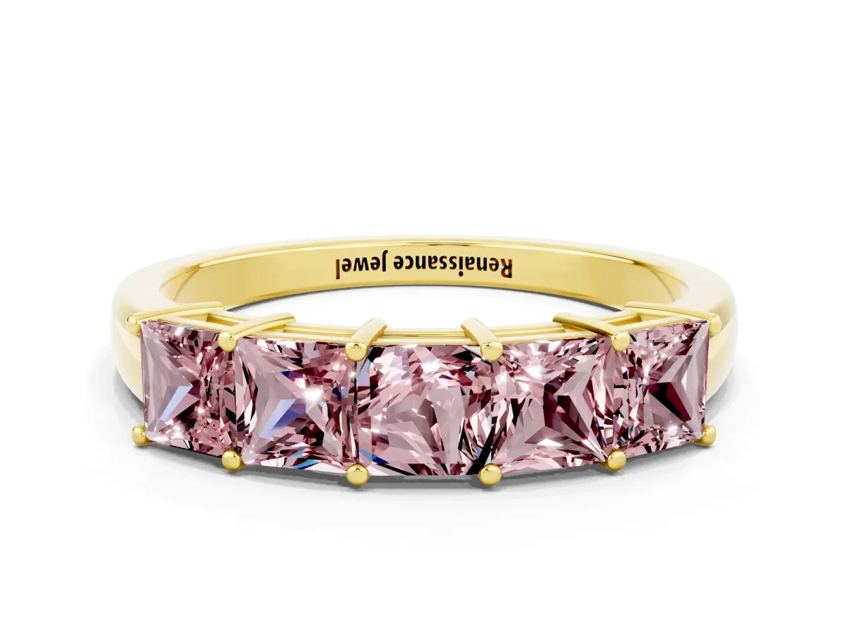 Princess Cut Five-Stone Morganite Band with Prong Setting Yellow gold