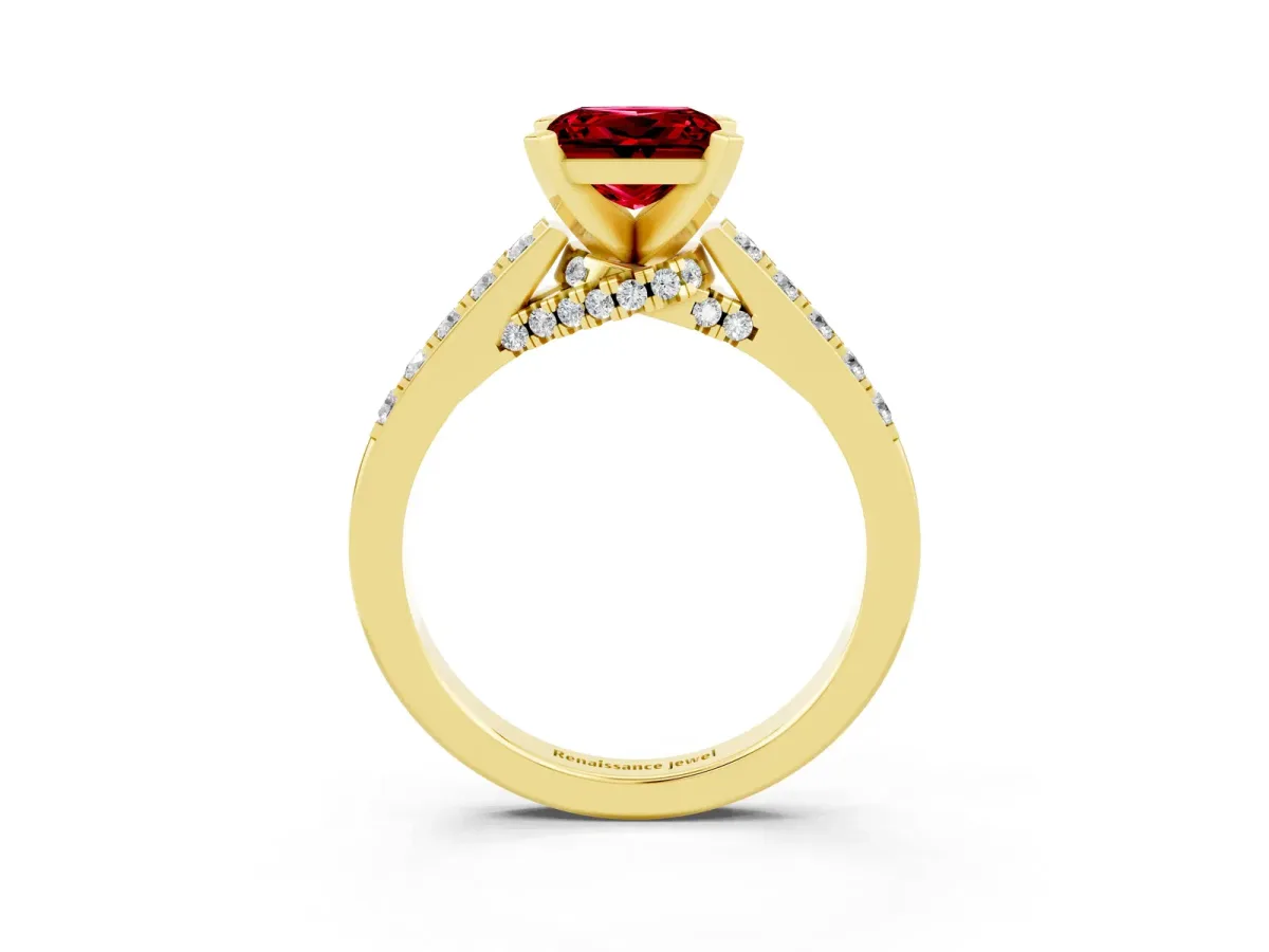 Princess Cut Ruby Solitaire Ring with Crossover Gallery and Round Pavé Band Yellow gold