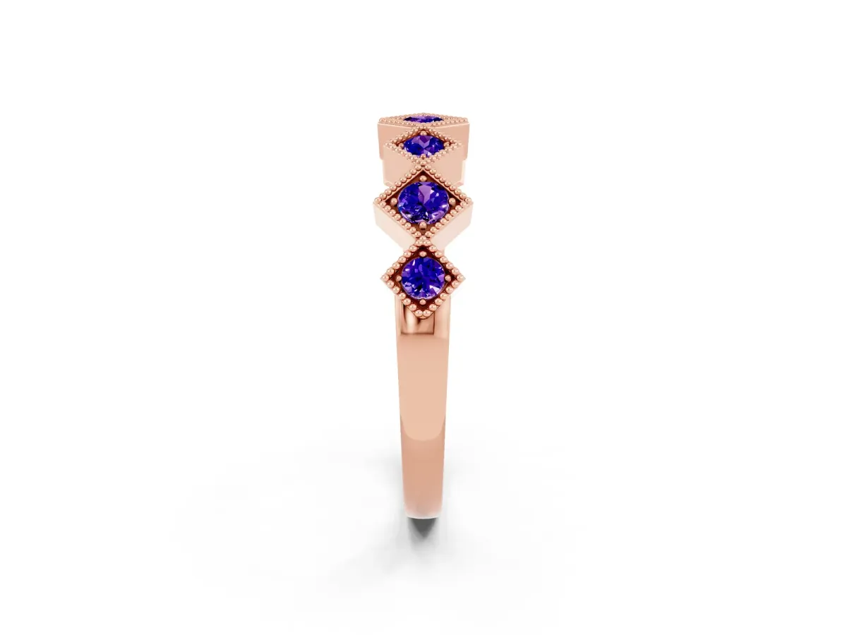Milgrain Square Bezel Round Tanzanite Chevron Band Rose gold