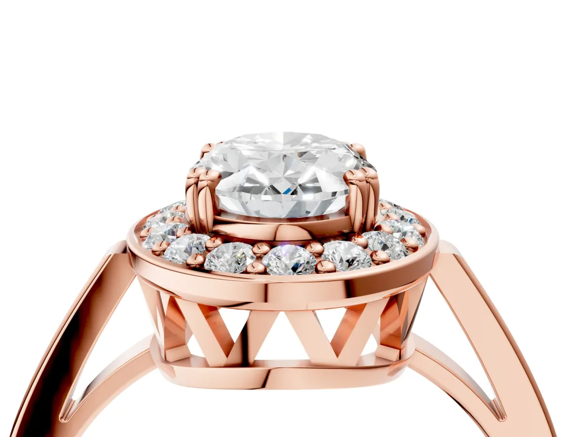 Oval Cut Diamond Halo Ring with Split Shank and Four-Prong Setting Rose gold
